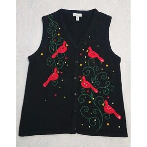 Vintage Kim Rogers Embroidered Cardinal Vest Sleeveless Knit Black Cardigan